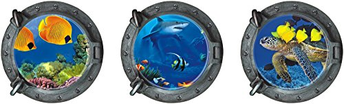 Satz von 3 3d unter das Meer Ozean tropischen Fische Shark Deich Decals herausnehmbare Wand-Sticker für Schlafzimmer Home Kunst langweilig polnischen Bullauge - 2