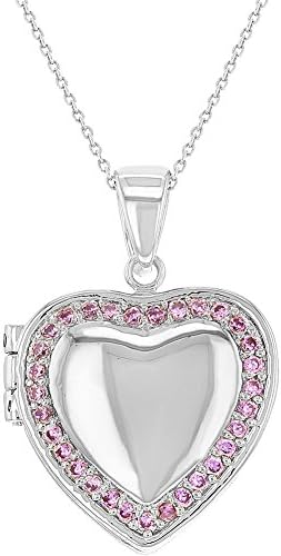 Rhodium Plated Pink Cubic Zirconia Heart Photo Locket Pendant Necklace for Ladies 19" - Brilliant and Delicate Heart-Shaped Pendant Necklace for Teens and Ladies