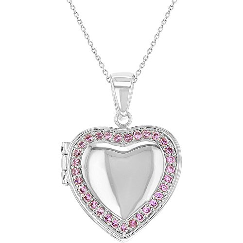 Rhodium Plated Pink Cubic Zirconia Heart Photo Locket Pendant Necklace for Ladies 19" - Brilliant and Delicate Heart-Shaped Pendant Necklace for Teens and Ladies