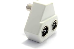 1STec 90° Right Angled 2 Way Standard Coax Connector Roof Top Aerial Wire Wall Outlet Splitter for UHF Freeview Digital TV with Push in Coaxial Male Plug that Creates Twin Female Line Out Sockets