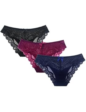 SHEKINI Damen Lace Atmungsaktive Unterwäsche Slip Weich Panties Hipster Höschen Spitzenslip 3er Paket