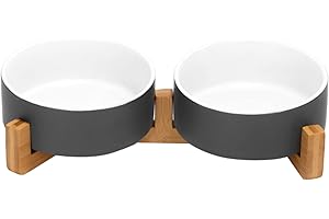 SPUNKYJUNKY Comedero Doble de cerámica para Perros y gatos con Soporte de bambú (400ml, Gris Blanco)