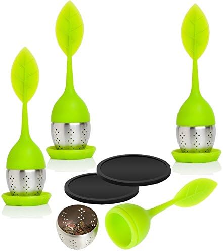 Tea Infuser, ATKKE Set of 4x Silicone Green Leaf Handles With Stainless Steel Ball,4 Silicon Drip Trays And 2x Black Rubber Silicone Drink Coasters --Best for Loose Leaf or Herbal Tea CF02