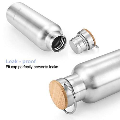 Trinkflasche Edelstahl mit Bambus Kappe (2 Trinkverschlüsse) – iParaAiluRy BPA freie Thermosflaschen 500/750/1000ml – Vakuumisolierte Doppelwandig Edelstahlflasche für Outdoor, Büro, Camping, Sport – Flasche Edelstahl - 2