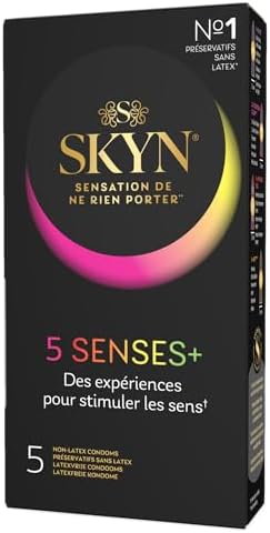 SKYN 5 Senses +: Scatola di 5 preservativi maschili senza lattice, materiale Skynfeel, 1 x intensamente perlato, 2 x Sapore Cocktail, 1 x Elite (Ultra Fine), 1 x Riscaldatore per stimolare i sensi