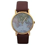 SAMGU Nouveau Retro Weltkarte Uhr Lederausstattung Leichtmetall Damen Analoge Quarz Armbanduhr Brown