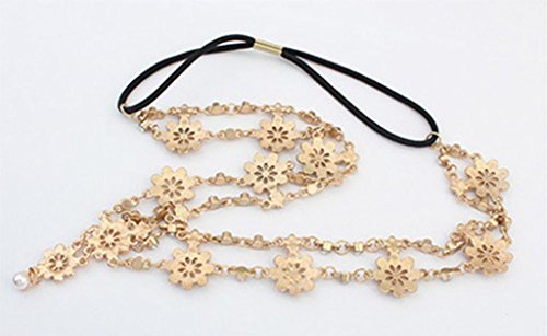 DDLBiz® Perlen-Troddel-Blumen-Ausdehnungs-Stirnband-Haar-Band-Kristallhaar-Kette Gold - 3