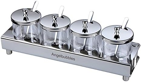 Angelbubbles Condiment Jars 304 Stainless Steel With Spoon &amp; Rack (4 Jars)