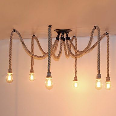 Pendant Lights,6 Heads American Country Retro Industrial Hemp Rope Chandelier Living Room Restaurant pendant lights light Fixture