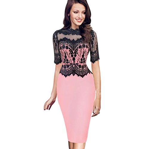 Chaud! Yanhoo Femmes Vintage Dentelle Moulante Robe Dames Crayon Robe De Soirée Filles Robe Col Rond (L, Rose)