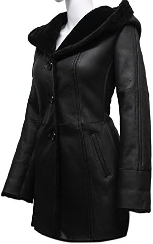 ABSY Black Ladies Trench Style Real Shearling Sheepskin Hooded Leather Jacket Coat (2X-Large 16)