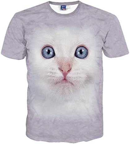 YonBii Cotton Unisex Printed 3D Ads White Persian Cat Casual Short Sleeve T-Shirts With A Round NeckS-XXL