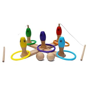 TOWO Juguetes de Madera Quiots – Juego de punteria: Juego de Lanzamiento de Anillos, Juego de Pesca y Juego de Bolos – Juegos Deportivos 3 en 1 para 3 años y mas – Juego de Habilidad para Niños