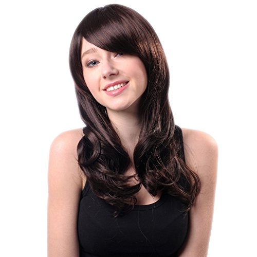 Bigood 51cm Charming Medium hairstyle Inclined bang curly Dark brown wig