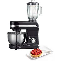 PRIXTON - Robot patissier professionnel multifonction/ Robot patisserie de cuisine avec mélangeur à verre intégré, bol en acier de 4L et 3 accessoires à lait frappé inclus, Couleur Noir | KR110B