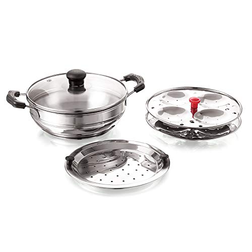 BMS Lifestyle Induction Base Stainless Steel Glass Lid Modak, Momo and idli Maker with Steamer Cooker, 3-Plates
