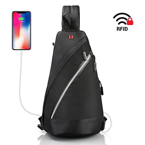 Crossbody Rucksack for men women - Sling Rucksack Eingurt diagonaler Bag - SWISS Design USB Port Wasserfest - RFID Schutz Anti Theft Backpack - Hängetasche für 10.2" ipad