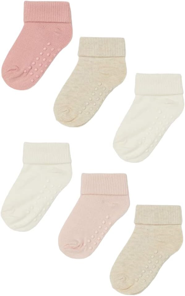 MEM SOCKS 6'lı Organik Pamuklu Kaydırmaz Çocuk-Bebek Çorabı (pembe-bej-krem, 6-18 ay)