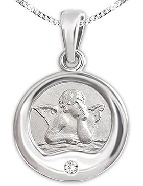 CLEVER SCHMUCK-SET Silberner kleiner Anhänger Ø ca. 12 mm Engel klassisch innen seidenmatt mit Diamant 0,005 ct...