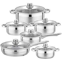 Velaze Batterie de Cuisine Induction, Sets de Poêles et Casseroles en Acier Inoxydable 18/10, Série Motti de 12pcs, Cocottes/Faitouts/Poêle à Frire avec Couvercle en Verre, Tout Feux Dont Induction