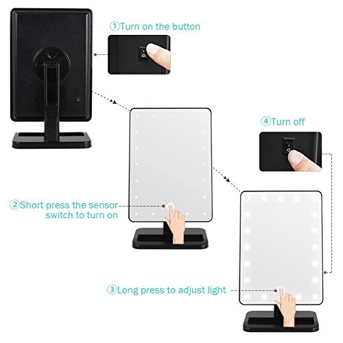 LED Makeup Spiegel mit 20 dimmbaren LED, Touch Screen Dimmen Eitelkeitsspiegel, Beleuchteter Kosmetikspiegel mit Abnehmbarem 10X Vergrößerungsfleck, Bidirektionierter Drehbarer LED Spiegel für Rasieren, Ankleiden, Tisch, Schreibtisch (Schwarz) - 2