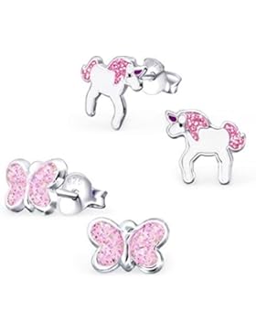 GH1a 2 PAAR Glitzer Einhorn + Schmetterling Ohrstecker 925 Echt Silber Ohrringe
