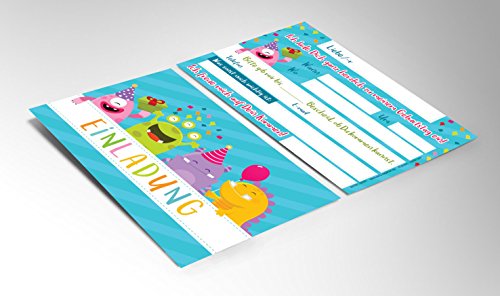 12 Einladungskarten zum Kindergeburtstag / schöne Einladungen zum Geburtstag für Mädchen und Jungen „lustige Monster“ - 3
