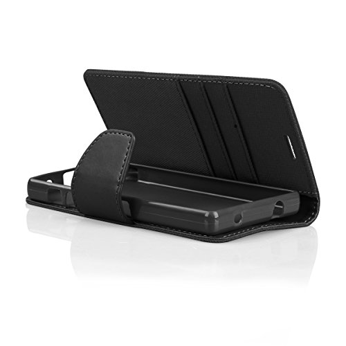 EGO® Bookstyle Handy Tasche mit praktischer Aufstellfuntkion für Sony Xperia Z5 Compact Schwarz Flip Case Magnetverschluss Book Cover mit Kartenfach Wallet Stand Schutz Hülle Canvas - 3