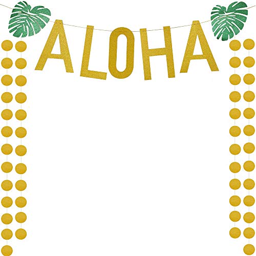 Amaoma Festa Hawaiana Decorazioni Banner Aloha Tropical Party Decoration Oro Scintillante Ghirlanda di Foglie Verdi Aloha con Gold Circle Dots per Tropicale Luau Hawaiane Festa Forniture Favori