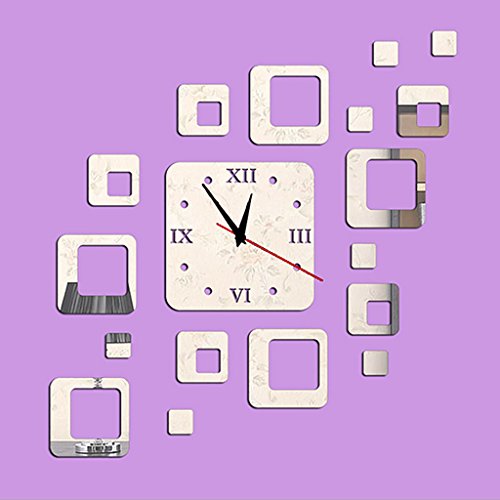 Tofern DIY 3D Wall Clock Stickers Modern Removable Mirror Style Art Decal Mural Home Living Room Bedroom Décor Decoration -Silver Squares Clock Mirror Stickers