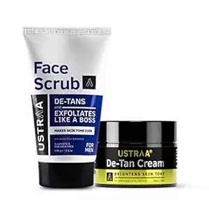 Ustraa Total De-Tan Kit - De-tan Face Cream, 50g - De-Tan Face Scrub with Walnut Granules, 100g- Dermatologically Tested, For Tan Removal & Even Skin Tone, For All Skin Types, Prevent Dark Spots, Without Bleach, No Sulphates, No Parabens