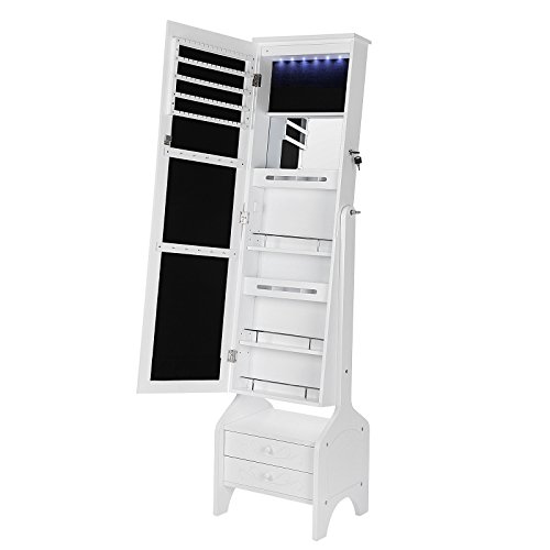 Songmics Schmuckschrank abschließbar mit LED Beleuchtung mit Blumen-Ornamenten weiß JBC26W