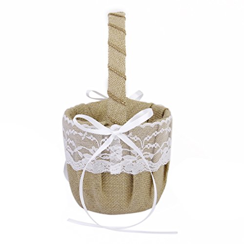 Vintage Sackleinen Jute Spitze Bow rustikale Hochzeit Blumenmädchen Korb - 7