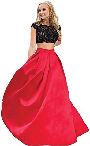 YSK Women's Two Piece Prom Dresses Black Beaded Lace Satin Cap Sleeve Evening Gowns Long