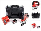 Sierra Hub: 25 mm Milwaukee M18 bjs - 501 18 V Batería Sierra de calar en Stanley Tstak II Caja + 1 x M18 B5 5,0 Ah Batería + M12 - 18 C Cargador