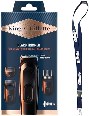 King C. Gillette Kit Regolabarba Uomo, 1 Testina, 3 Pettini Regolatori, 1 Spazzolina, Caricatore, Rasoio Elettrico Barba, Idea Regalo Uomo Kit Professionale, Lame Rasoio Affilate, con Laccetto