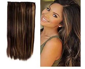 ZALYA Womens 5 Clip Based Straight Black With Golden Highlight Synthetic Pack of 1 Hair Extension