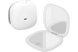 QUMOX Espejo de Maquillaje con Luz 10X – Espejo de Viaje Compacto Recargable con LED, 3 Tonos de Luz, Brillo Regulable por Tacto, USB-C – Blanco