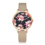Damen Stilvoll Uhren, Keepwin Frauen Retro Blumen Muster Quarzuhr Klassisch Römische Zahlen Uhr Casual PU Lederband Analog Armbanduhr (Khaki)