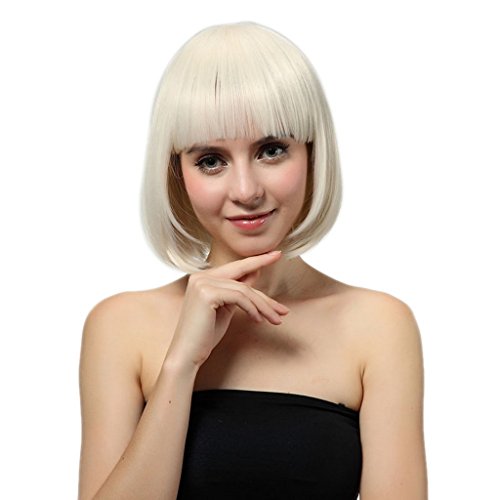 Bigood 28cm Party Buckle type Neat bang short straight hair Bob hairstyle White wig