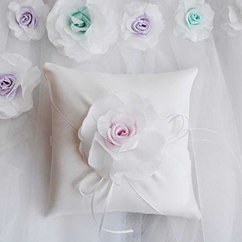 LORTAL Wedding Ring Pillow with Ivory Stain Pink Flowers 6.2 inch x 6.2 inch