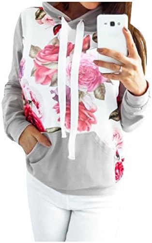 Witkeyseller Women Pullover Floral Printed Cozy Big Pockets Sweatshirt Hoodies Gray L