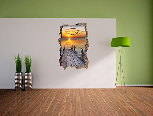 Pixxprint 3D_WD_S2521_92x62 kleiner Steg mit bezauberndem Sonnenuntergang Wanddurchbruch 3D Wandtattoo, Vinyl, bunt, 92 x 62 x 0,02 cm - 3