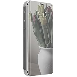 Funda para OnePlus 6/6T Transparente Transparente Funda Transparente Ultrafina Cristal Ventana Espejo Folio Flip Cover para OnePlus 6/6T (Plateado, OnePlus 6T)