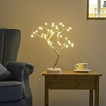 KRN 20 inches Tabletop Bonsai Tree Light LED Silver Wire String Lights, Artificial Tree Lamp, Battery/USB Operated, for Bedroom Desktop Christmas Party Indoor Decoration Lights (Warm White)