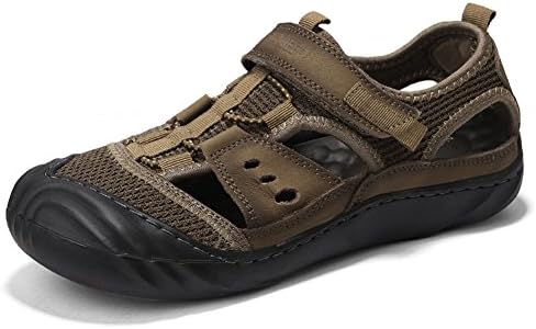 HWLX Men Fisherman Sandles Leather Summer Walking Outdoor Closed-toe Shoes, Army Green, UK 8/EU 42
