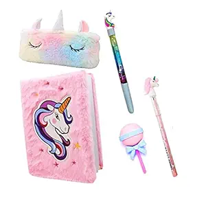 ALMOSTHERE Unicorn Fur Combo of 5 Pcs Unicorn Stationery for Kids Study Item Unicorn Fur Diary, Fur Pouch, Pencil, Eraser and Unicorn Water Pen 5 Pcs Combo Best Gift for Student