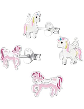 2 Paar Kinder Ohrstecker 925 Silber Mädchen Ohrringe Einhorn und Pferd Pony