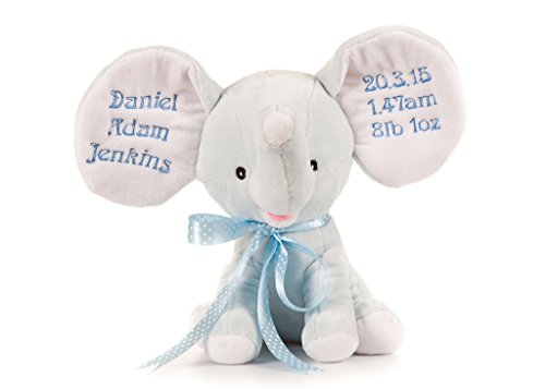 Personalised Embroidered Pink Hoolaroo Elephant baby BLUE name on ears
