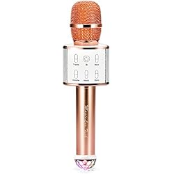 Microphone bluetooth sans fil,Multi-fonction micro karaoke avec des lumières clignotantes(Champagne Gold)